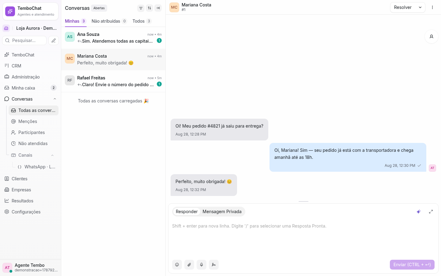 Tela real e autenticada do TemboChat mostrando a fila de atendimento e uma conversa com Marina Costa